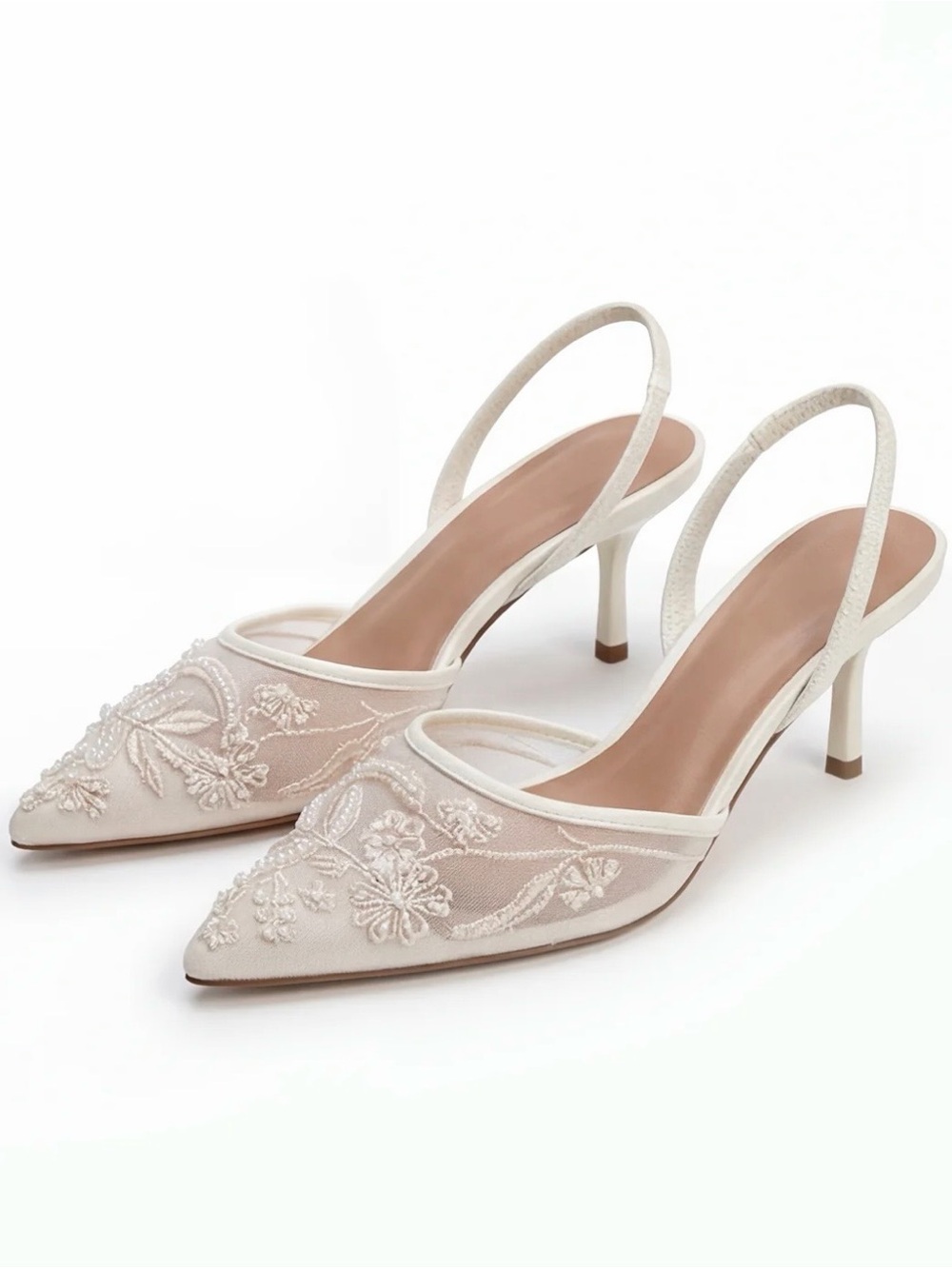 Zara Cream Embroidered Mesh Slingback Heels
